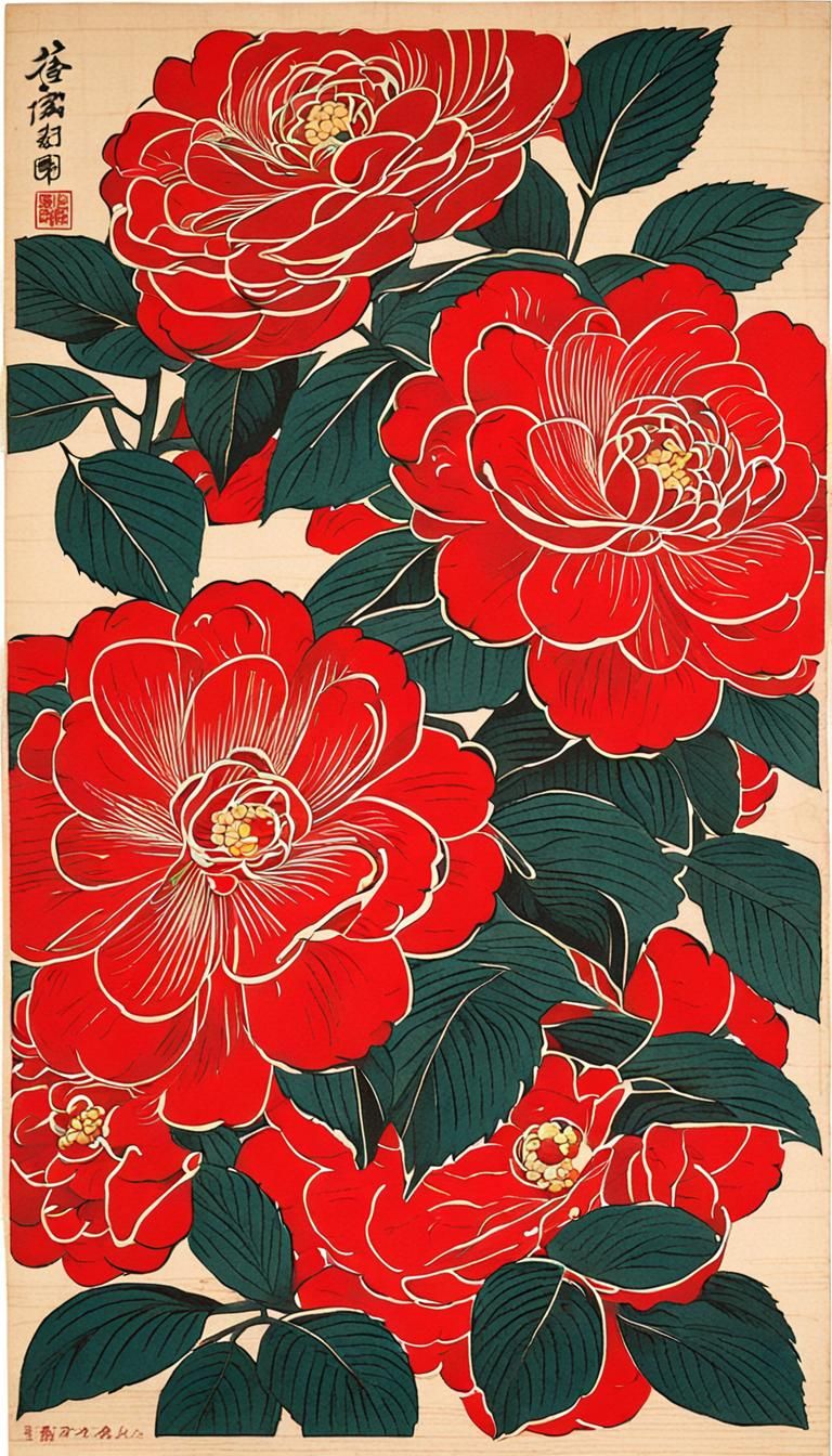 Vibrant Red Camellias: Japanese Woodblock Print