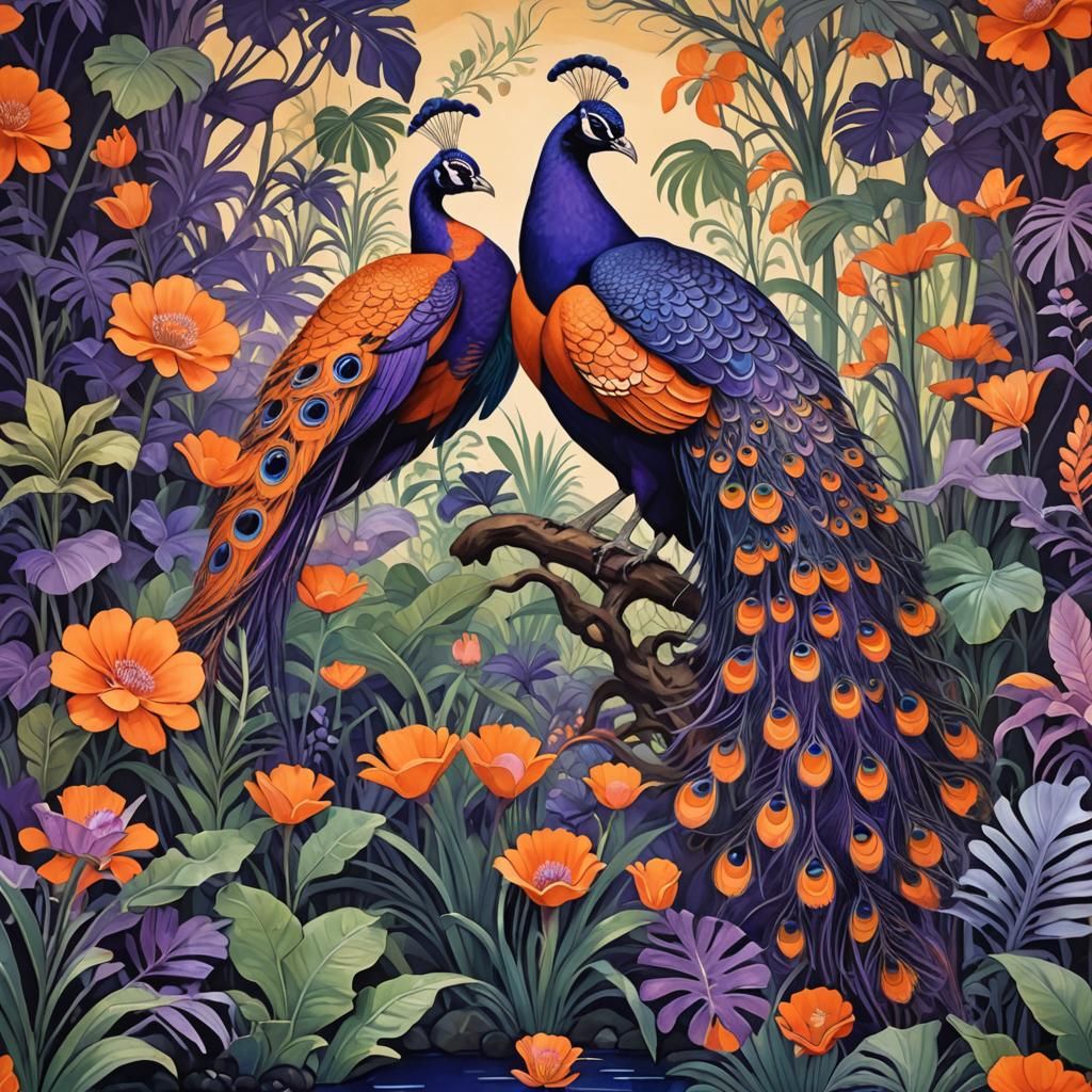 Art Deco Orange Peacock in Purple Jungle