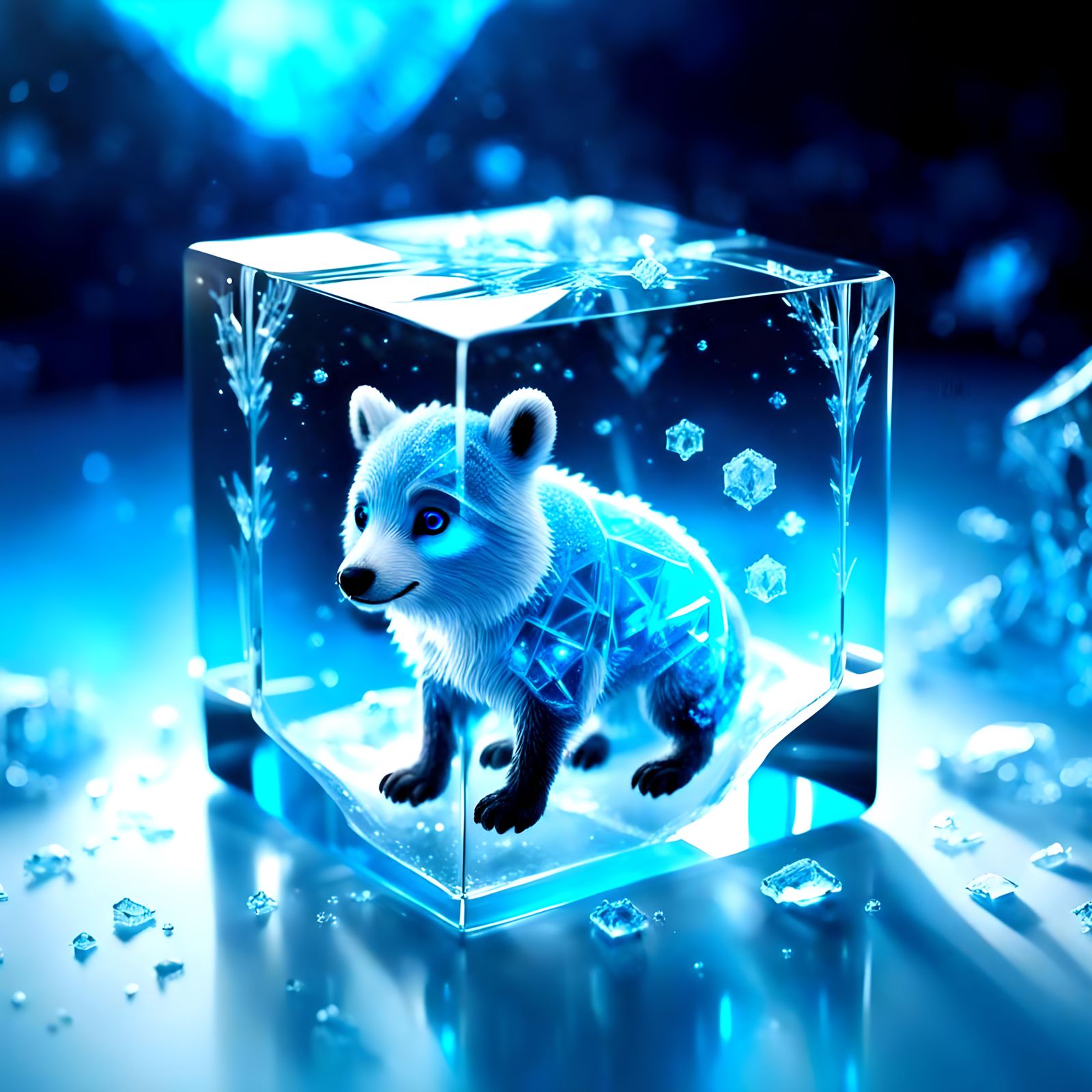 Frozen Cute Creature in Glass Cube: 3D Render
