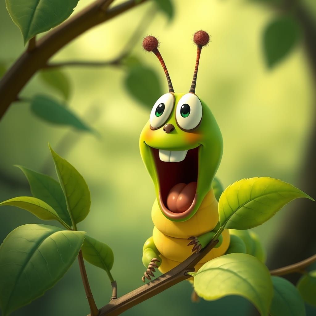 Excited Caterpillar eating leaves. In the Style of Aardman A...