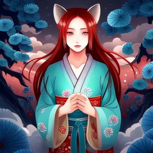 Beautiful Kitsune in Cherry Forest: Digital Art