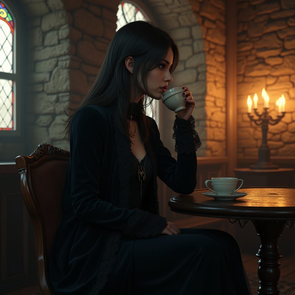 Gothic Lady in Whimsical Old Town Cafe