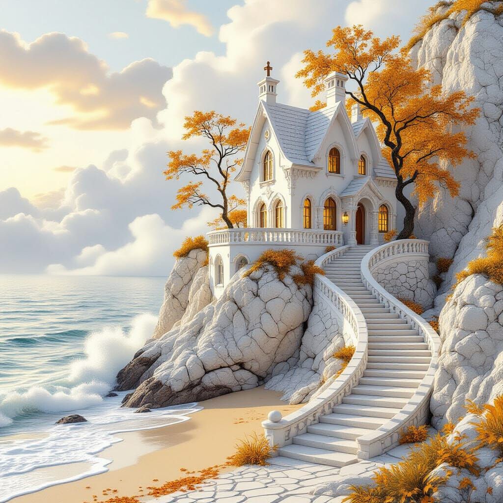 Whimsical Stone House on Rocky Cliff at Sunrise