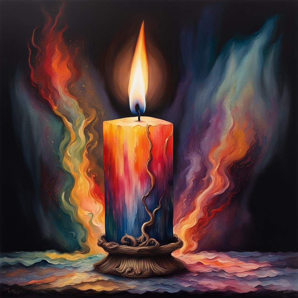 A candle casting light in a void of darkness, conveyed through an oil painting style with surreal elements.