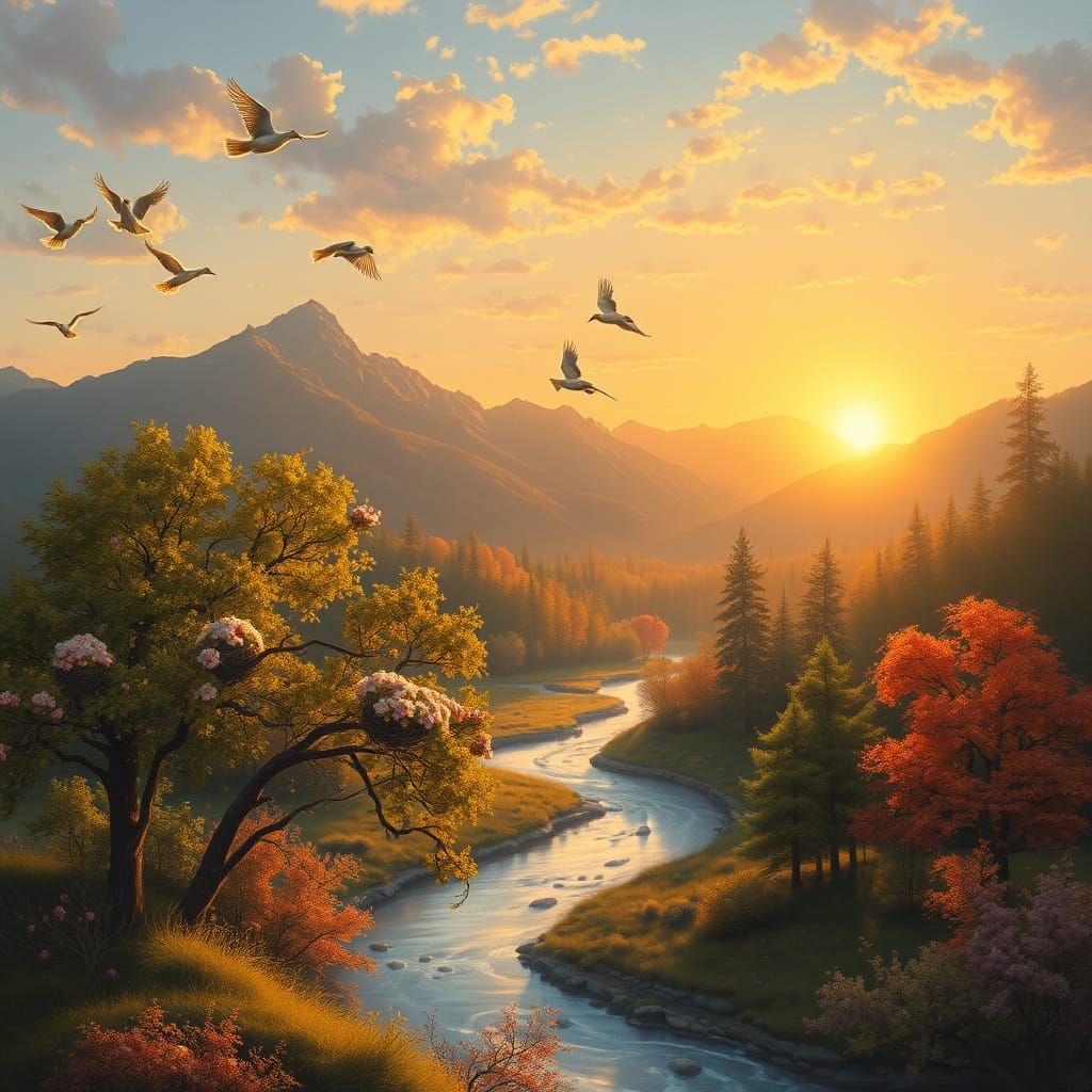 Serene Sunset Landscape in Dreamy Hudson River Style