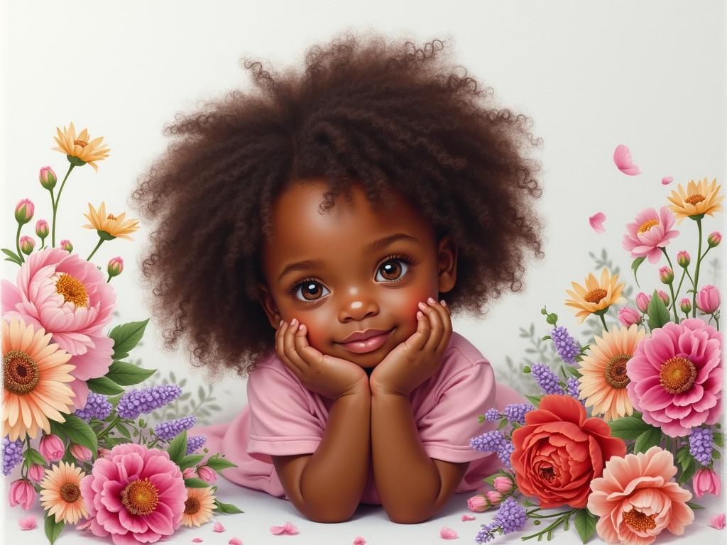 Expressive Portrait of a Girl with Flowers in Digital Acryli...