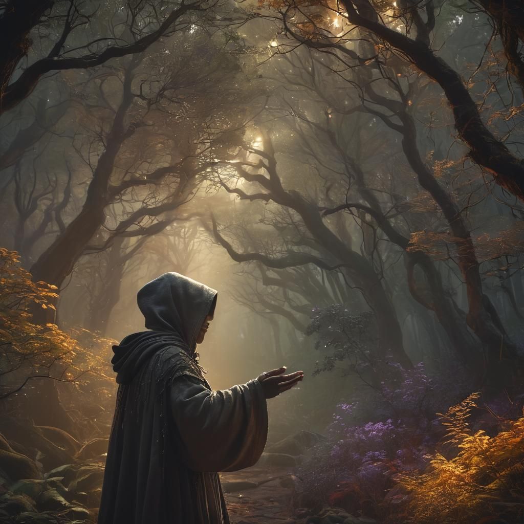 Mystical Hooded Figure Weaving Magic in Ancient Forest