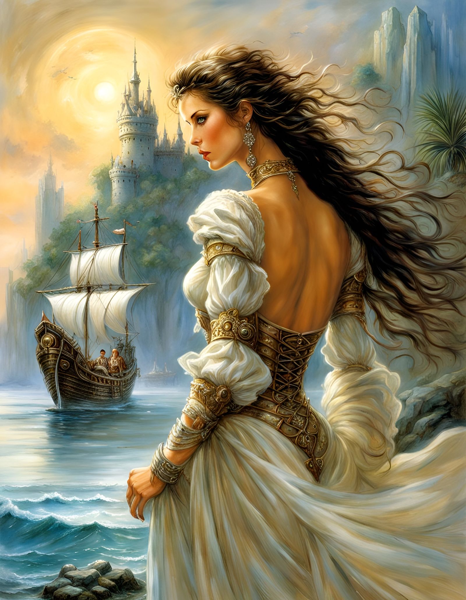Fairytale Adventuress Gazing at Island, Detailed Art
