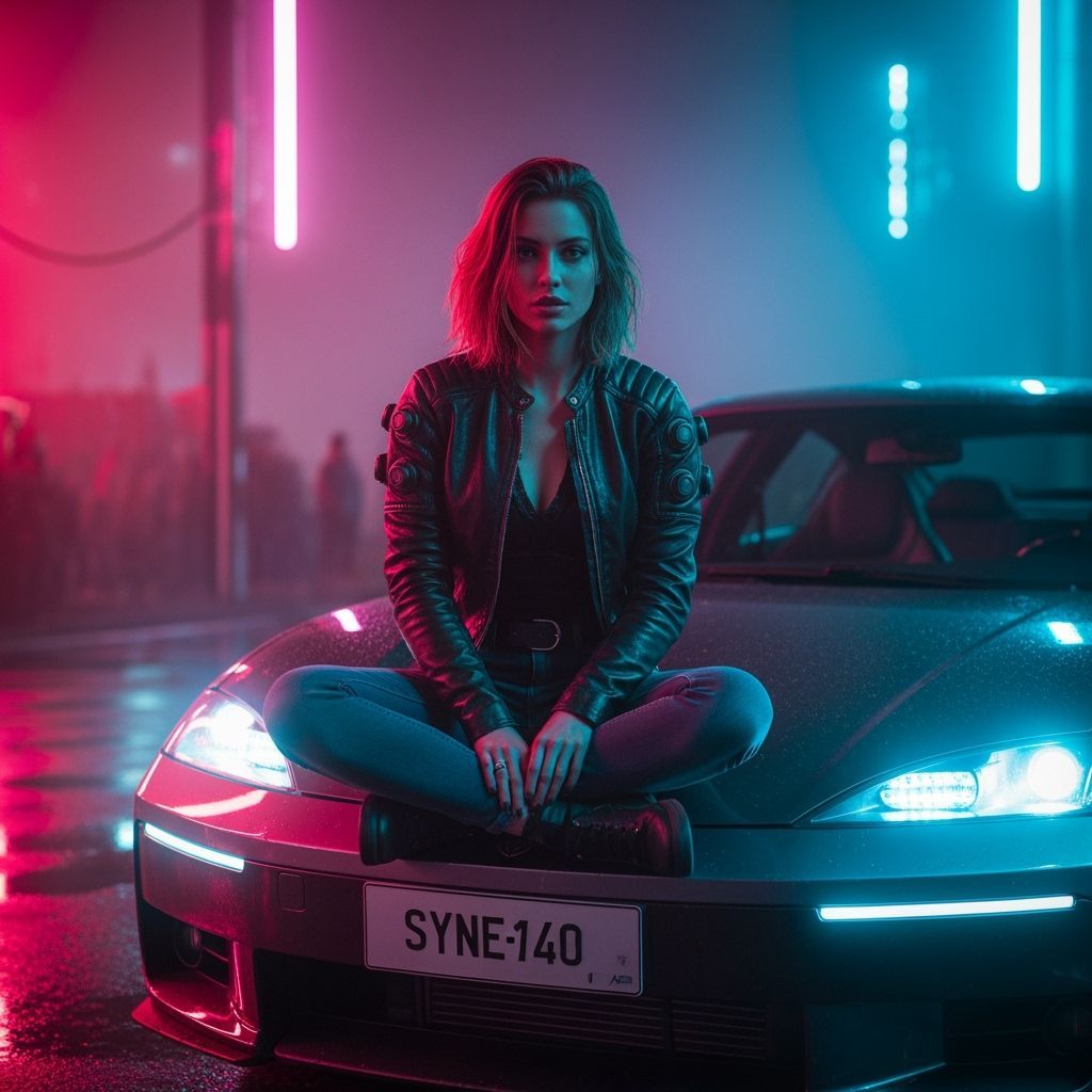 Cyberpunk Woman on Electric Car in Neon City