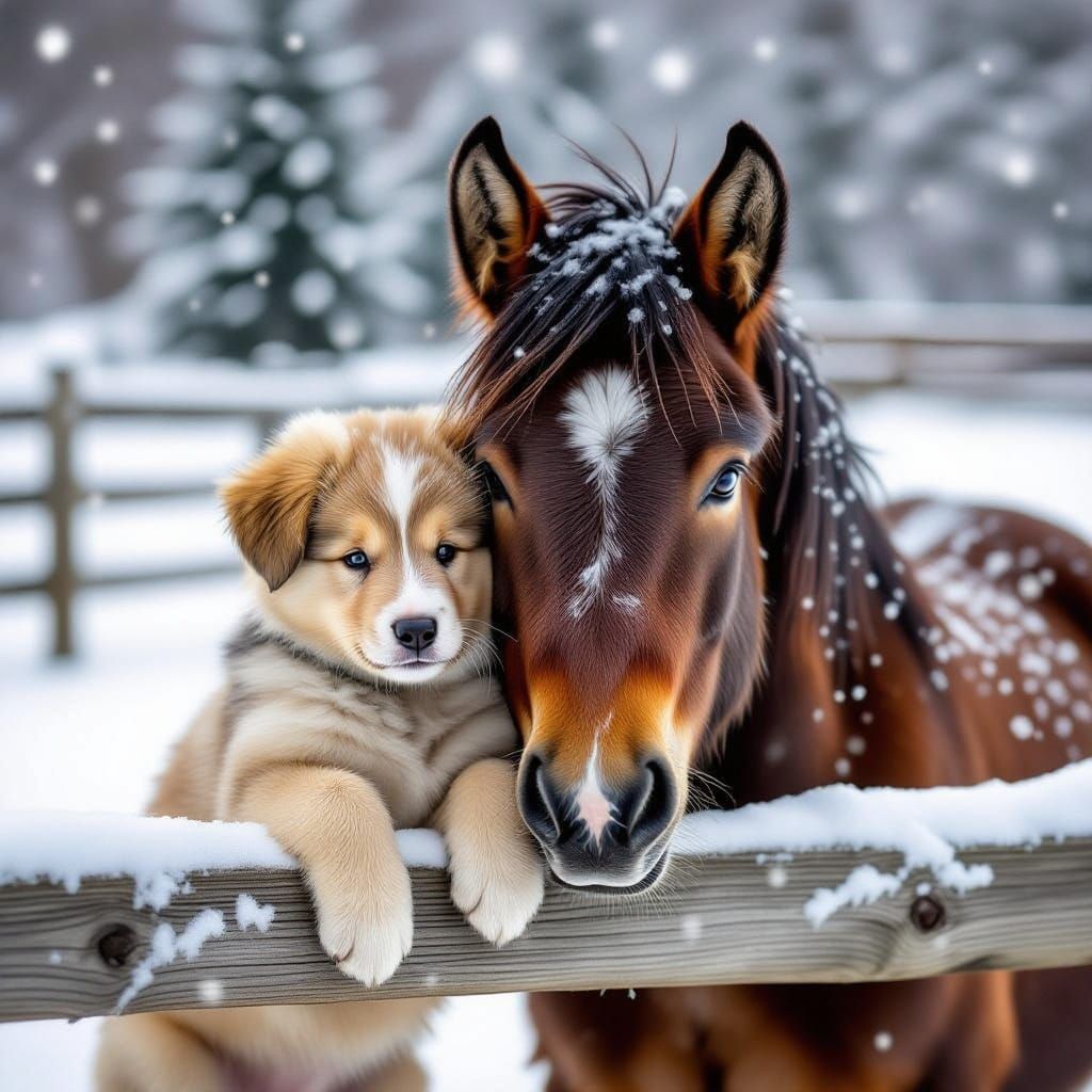 Cute Puppy and Gentle Donkey Share Snowy Winter Scene