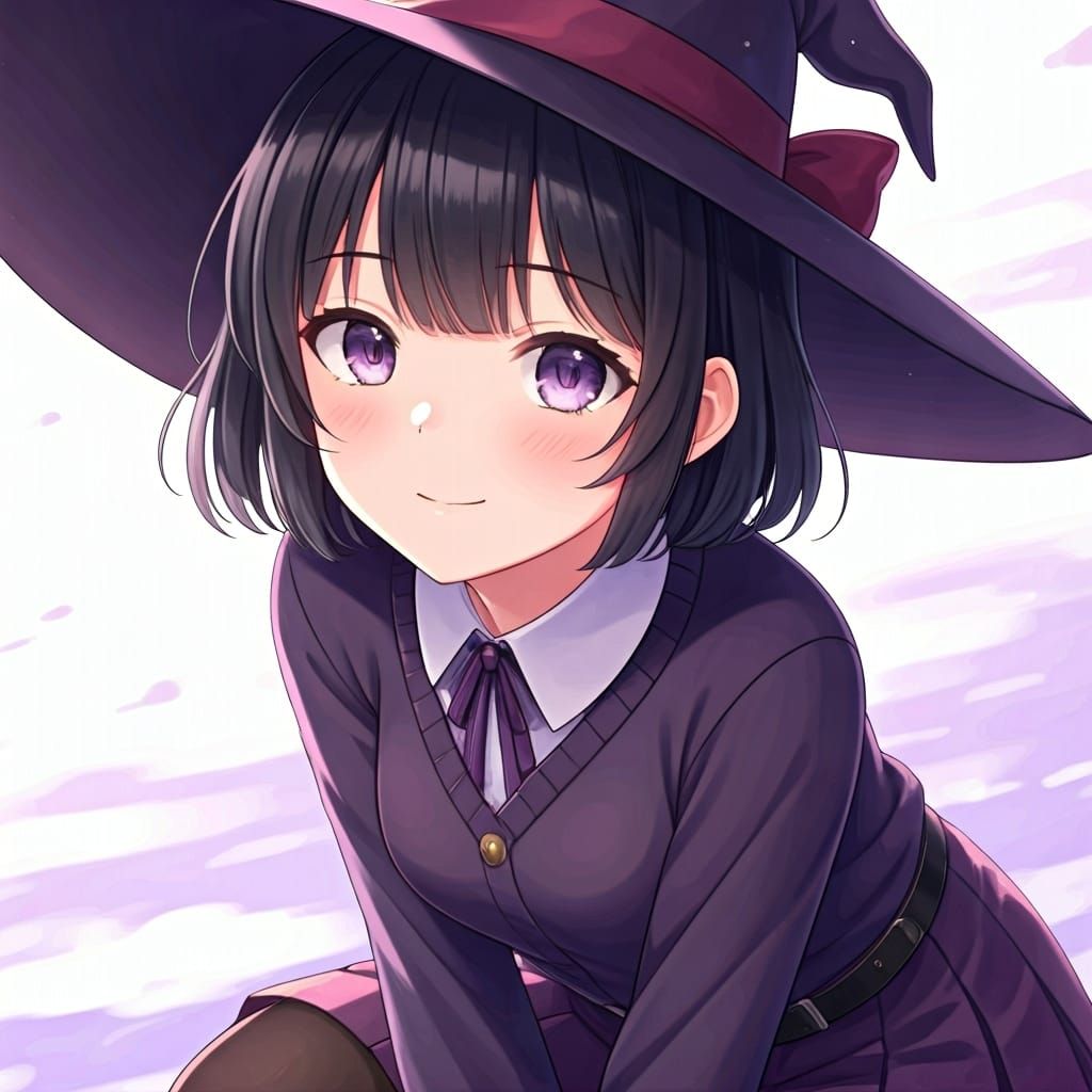Anime Girl in Witch Hat with Pastel Background