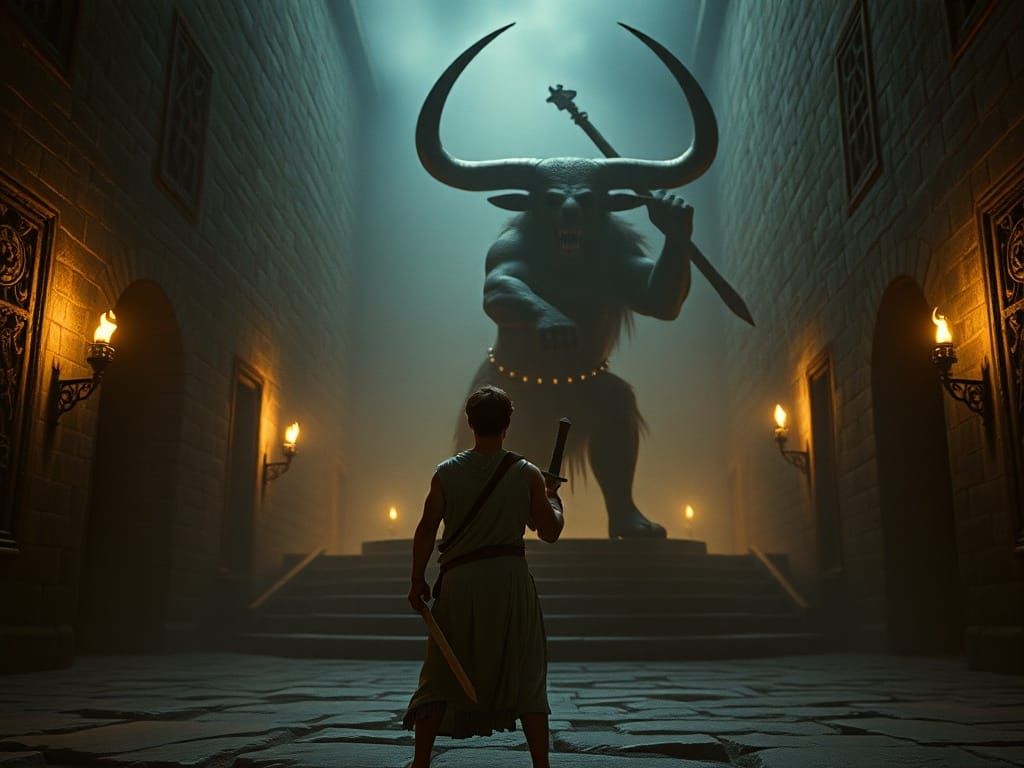 Theseus Confronts Minotaur in Labyrinth