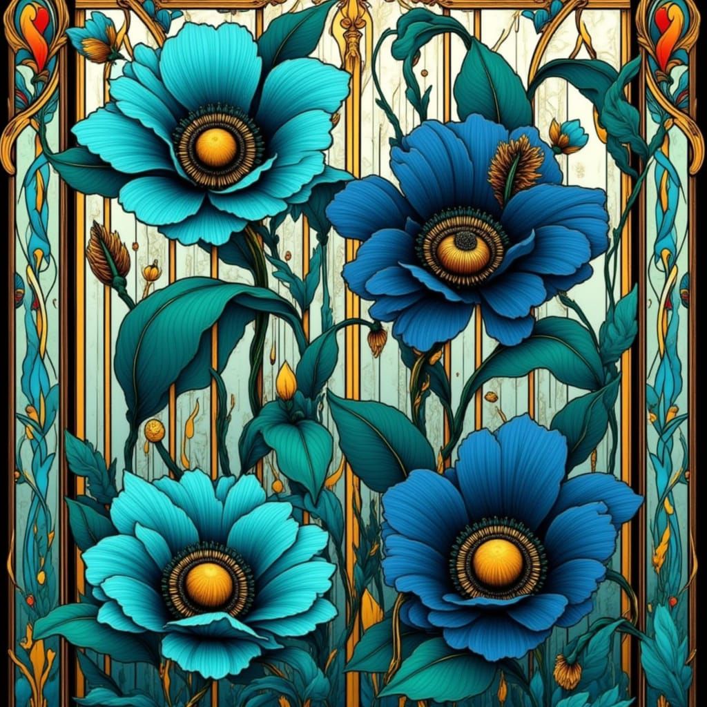 Art Nouveau Floral Painting with Turquoise and Violet Hues