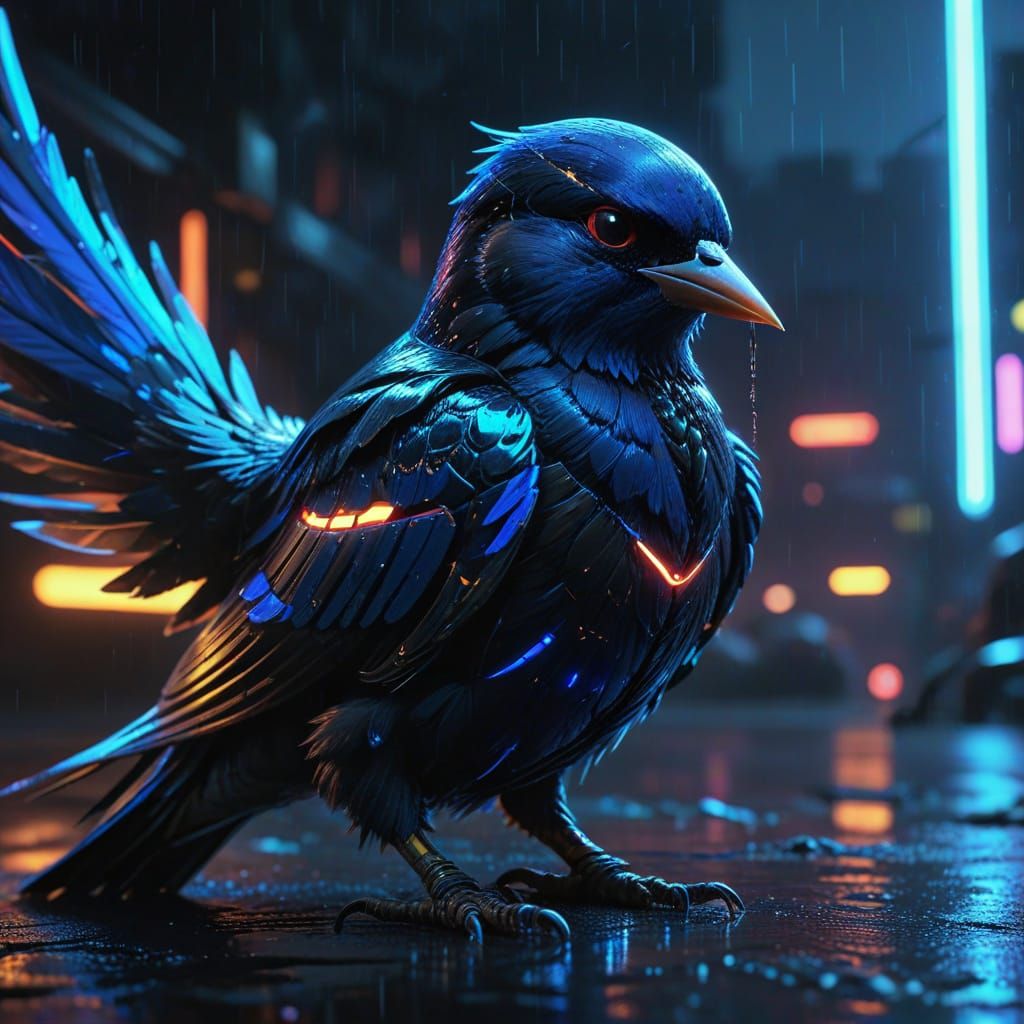 Cyberpunk Swallow Feeds Young in Neon City, Close-Up