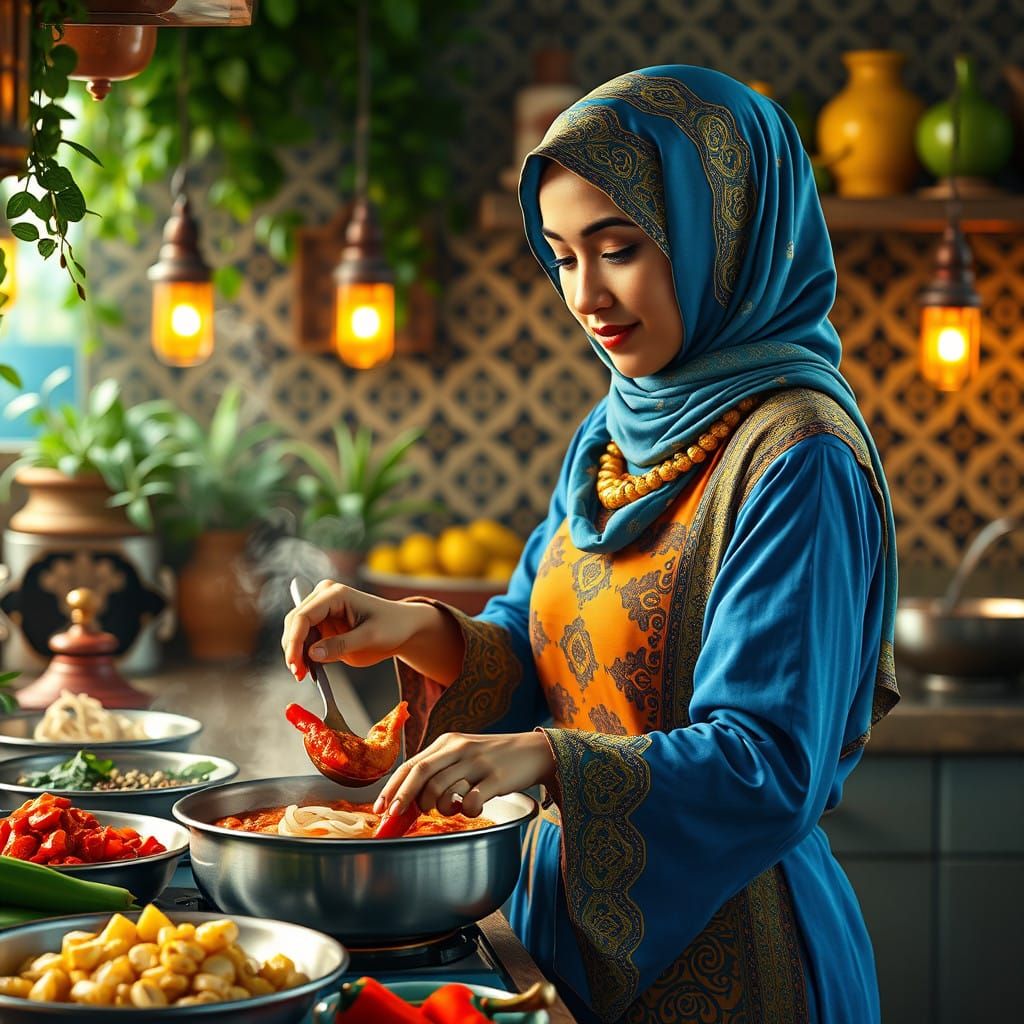 Vibrant Hijabi Chef in Whimsical Middle Eastern Kitchen Cook...