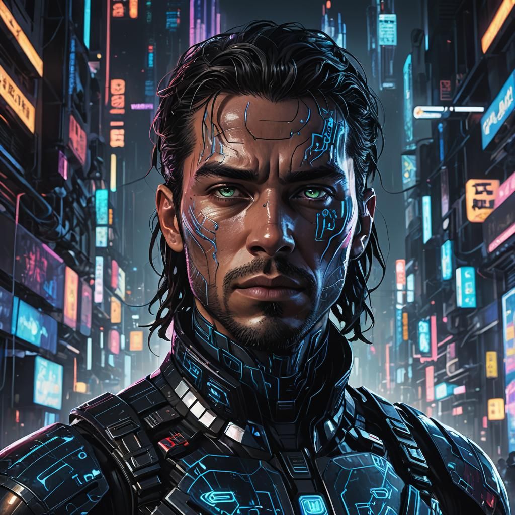 Cybercriminal Mastermind in Dark Sci-Fi Metropolis