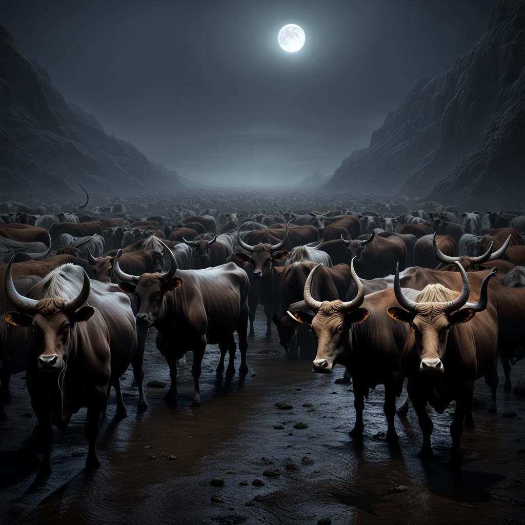 Demonic Hellscape with Watusi Cows in Surreal Style