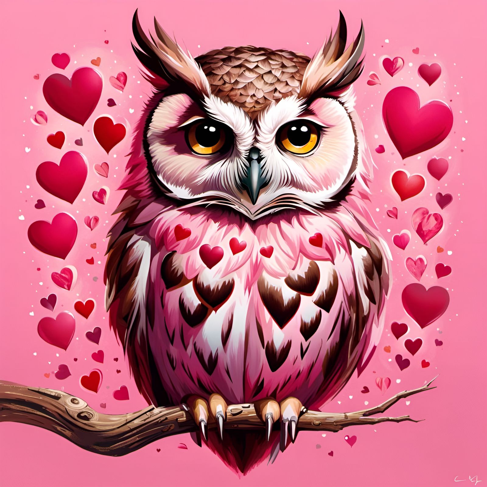 Happy Owl Portrait with Hearts in Whimsical Style