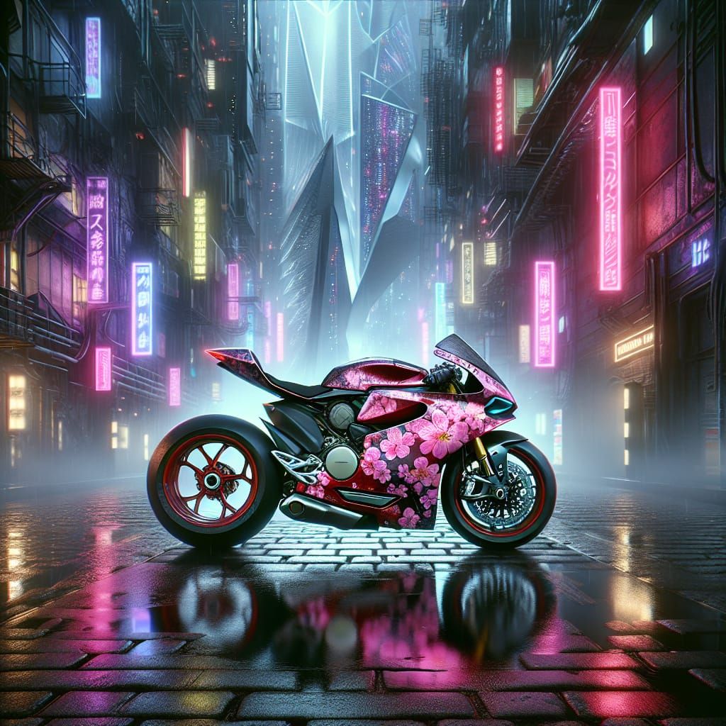 Ducati Panigale with Cherry Blossom Paint in Cyberpunk City