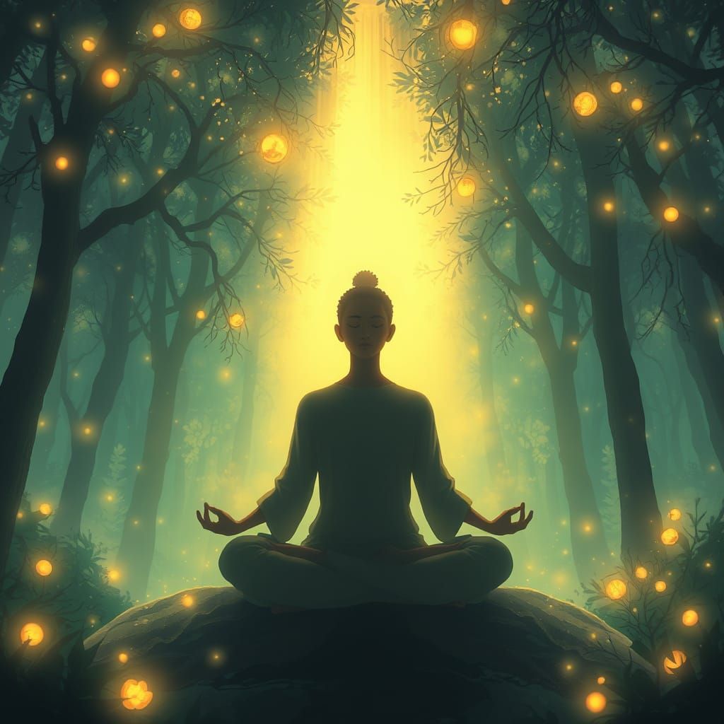 Meditating Figure in Bioluminescent Forest