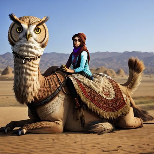 Girl Rides Owl-Camel Hybrid Creature