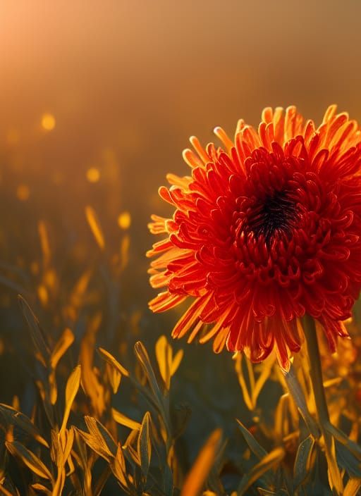 Hyperdetailed Red Chrysanthemum Field in Golden Light