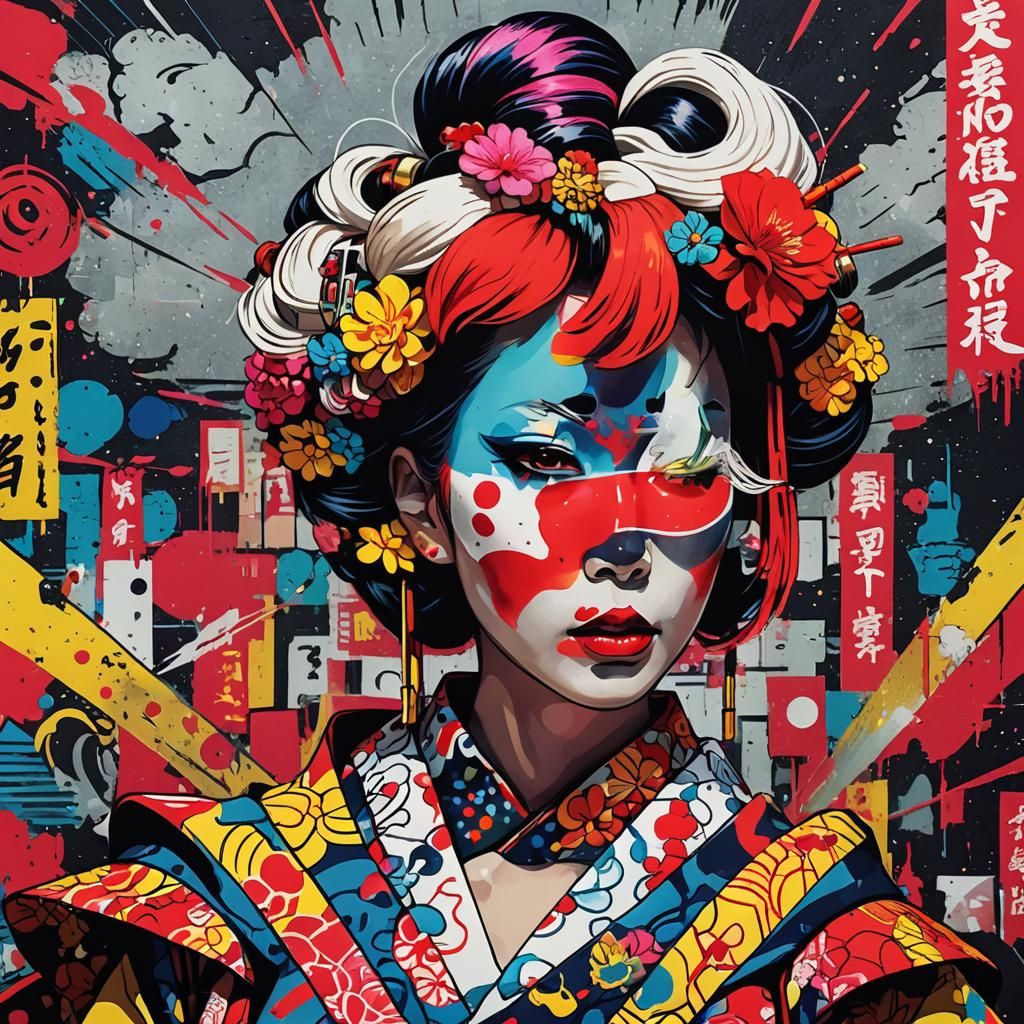 Pop Art Geisha Portrait with Punk Aesthetic