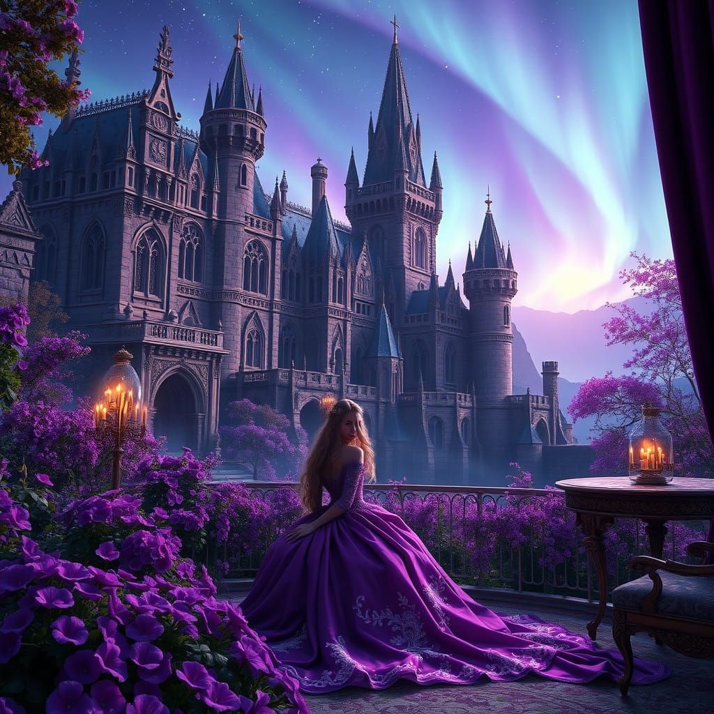 Majestic Castle Amidst Vibrant Garden, with Enchanted Lady a...