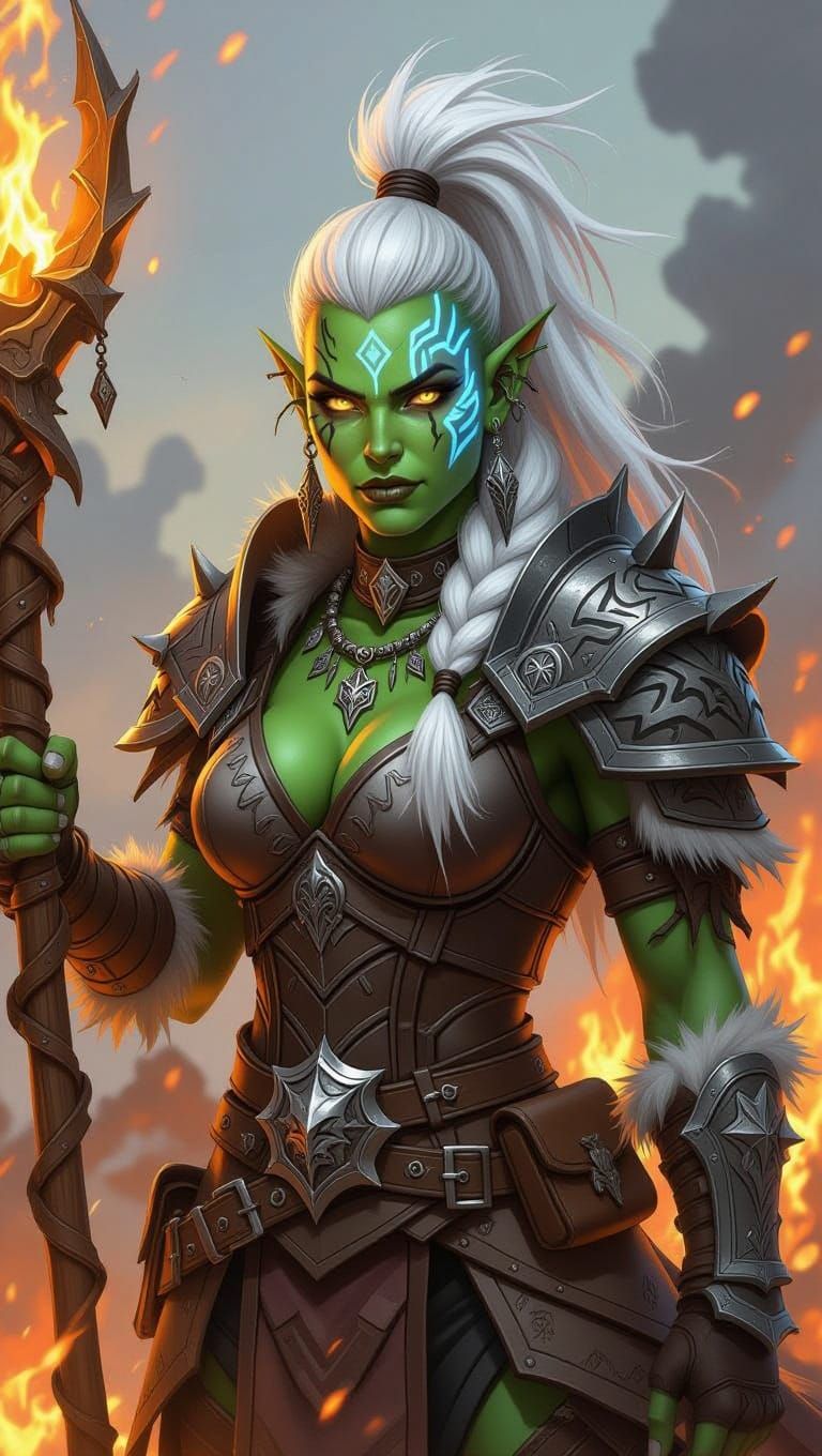 Fantasy Orc Shaman with Runes and Flaming Staff