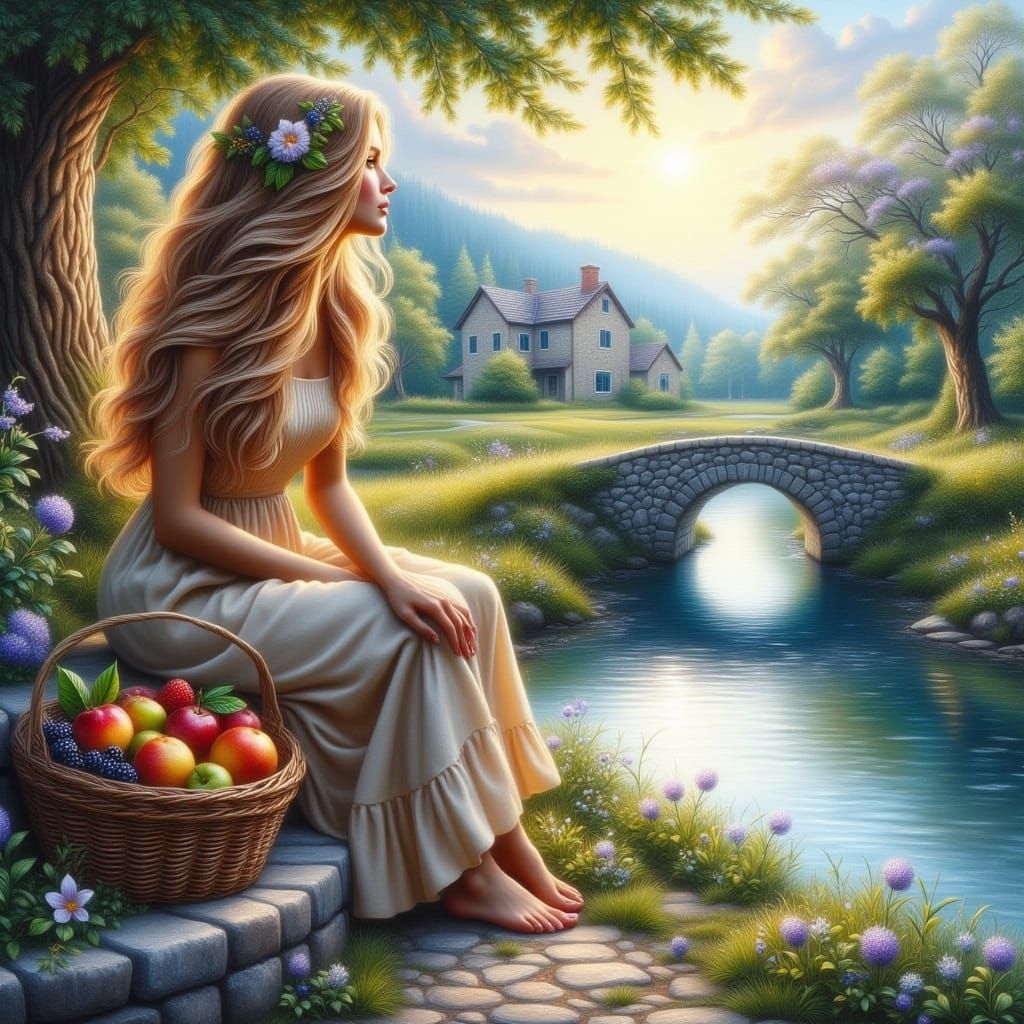 Woman by River in Ethereal Oil and Digital Style