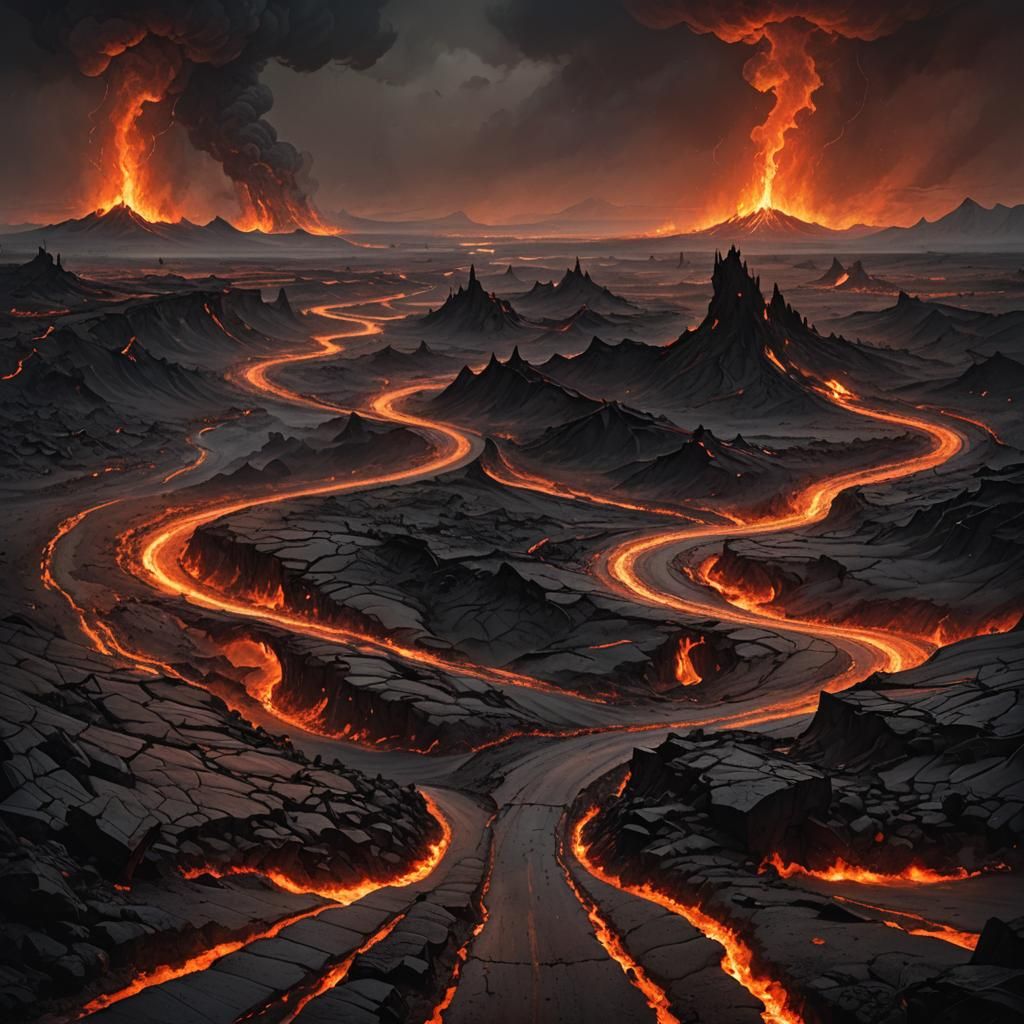 Fiery Volcanic Wasteland in Dark Fantasy Style