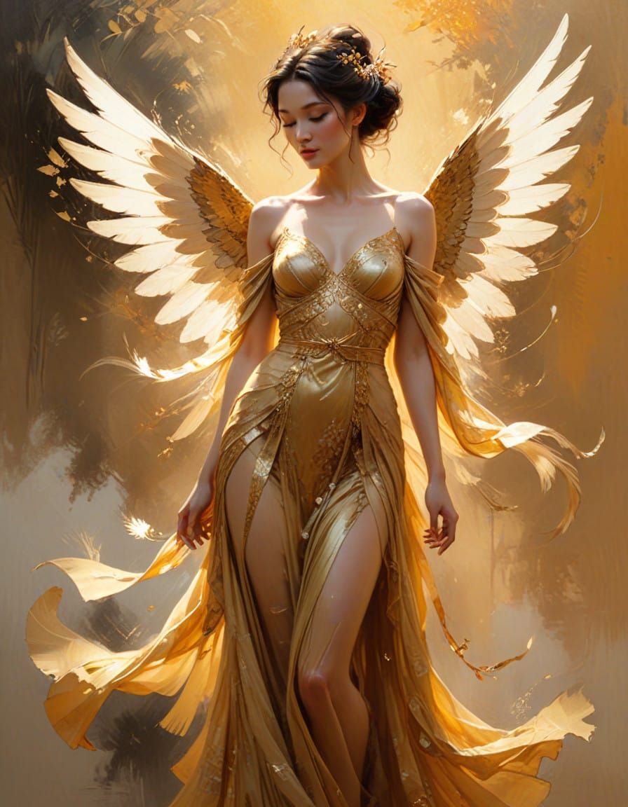 Golden Goddess in Ethereal Splendor, Oil Painting