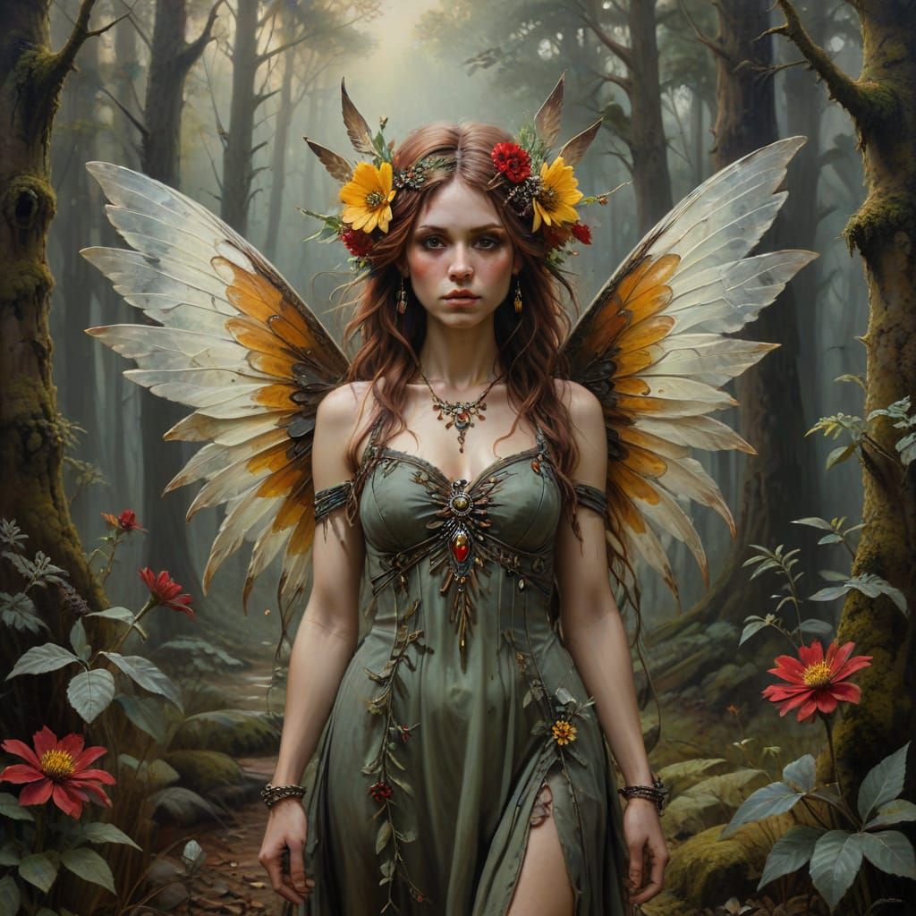 Bohemian Punk Fairy in Forest Oil Painting