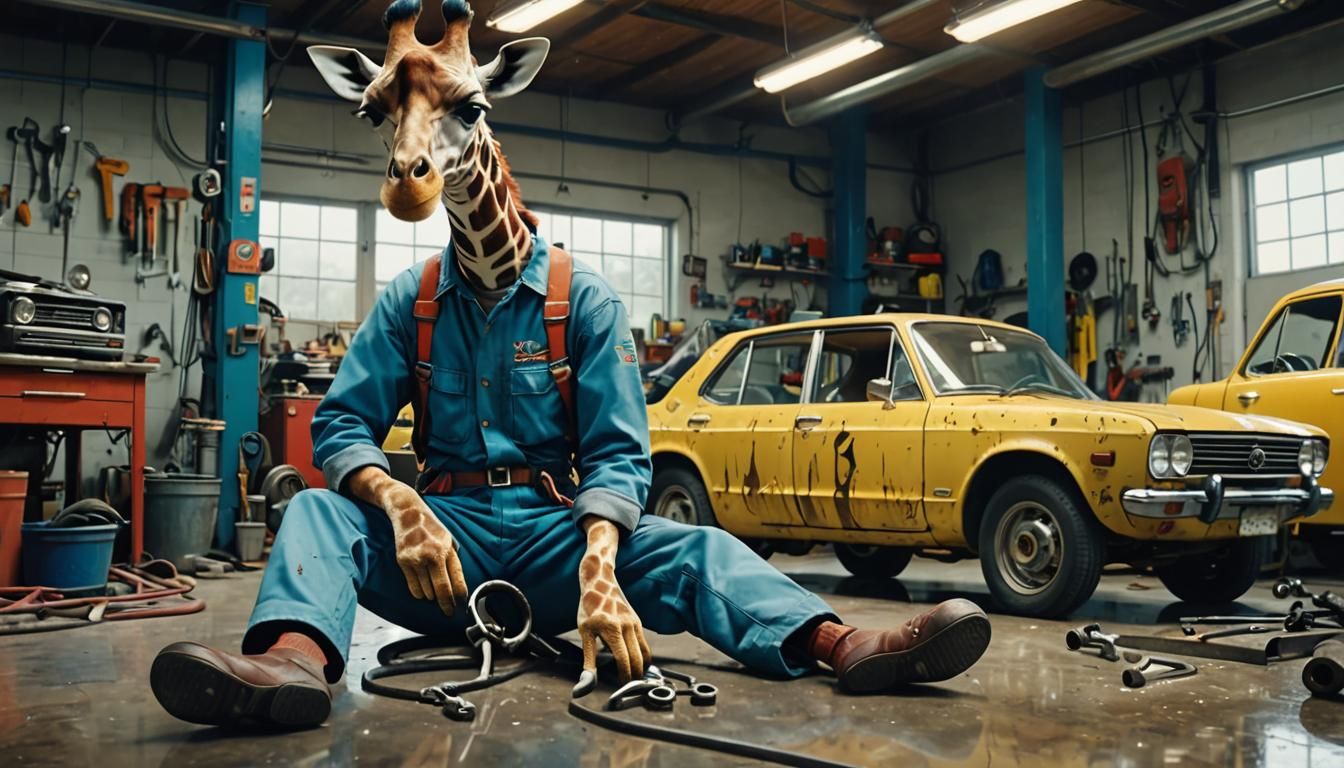Giraffe Mechanic in Epic Vintage Auto Repair Setting