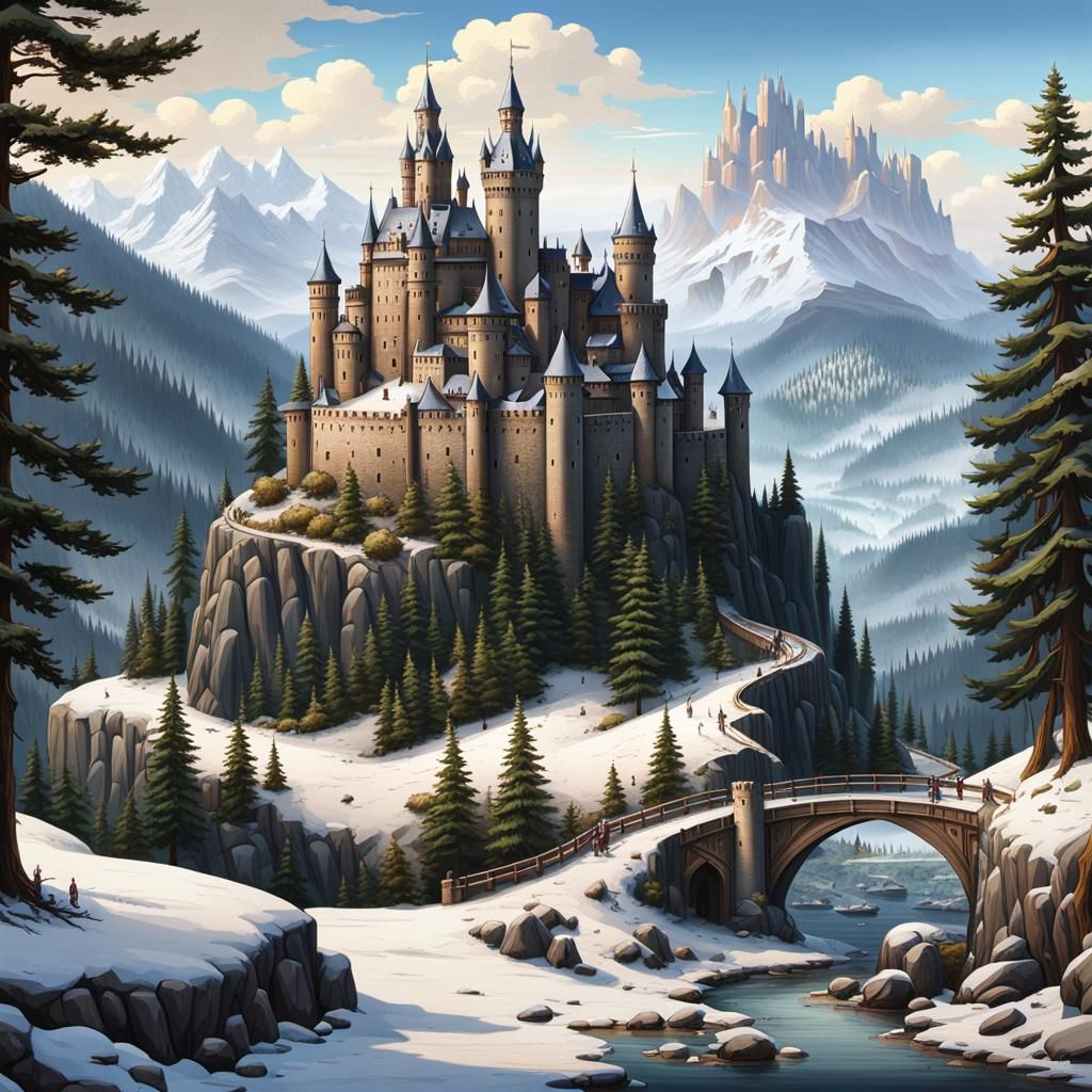 Gothic Castle in Coniferous Forest: Oil Painting