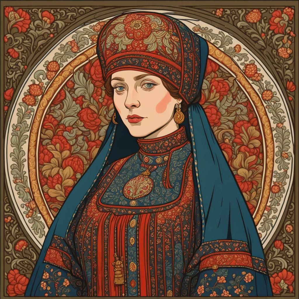 Russian Woman in Traditional Dress, Folklore Illustration