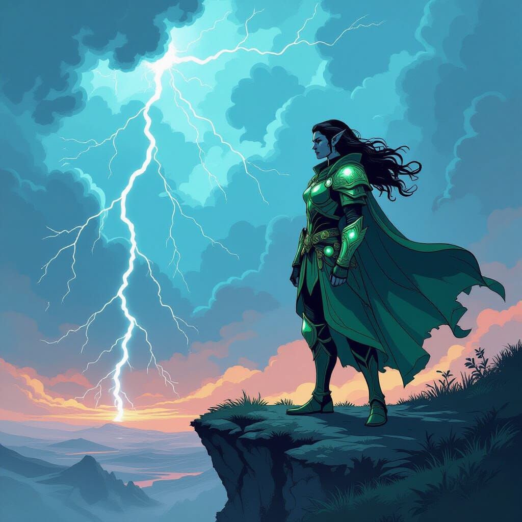 Ancient Elf Warrior in Stormy Valley, Comic Book Style