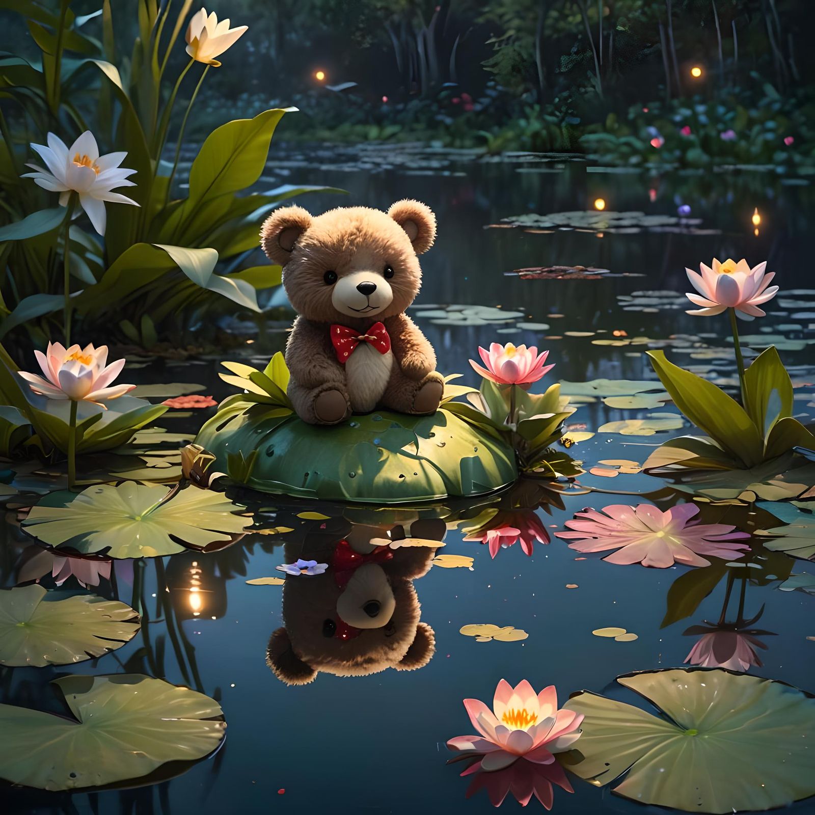 Teddy Bear with Glowing Heart on Lily Pad