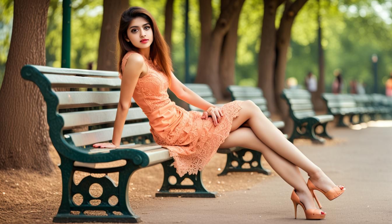 Pakistani Girl on Park Bench in Orange Lace