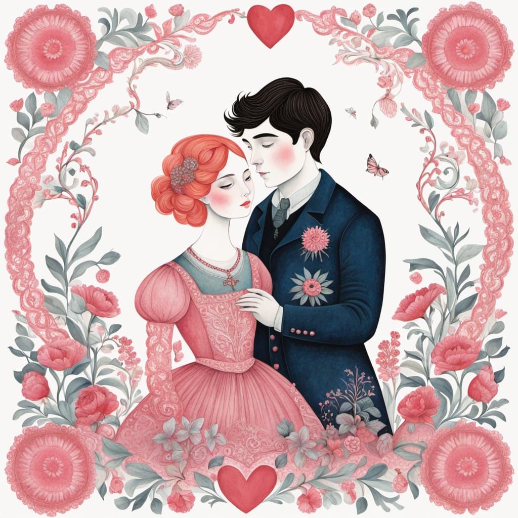 Young Couple in Tender Embrace, Framed by a Delicate Pink He...