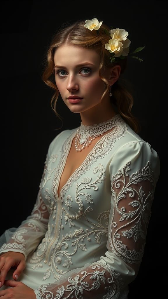 Hyperrealistic European Model in Lace Dress