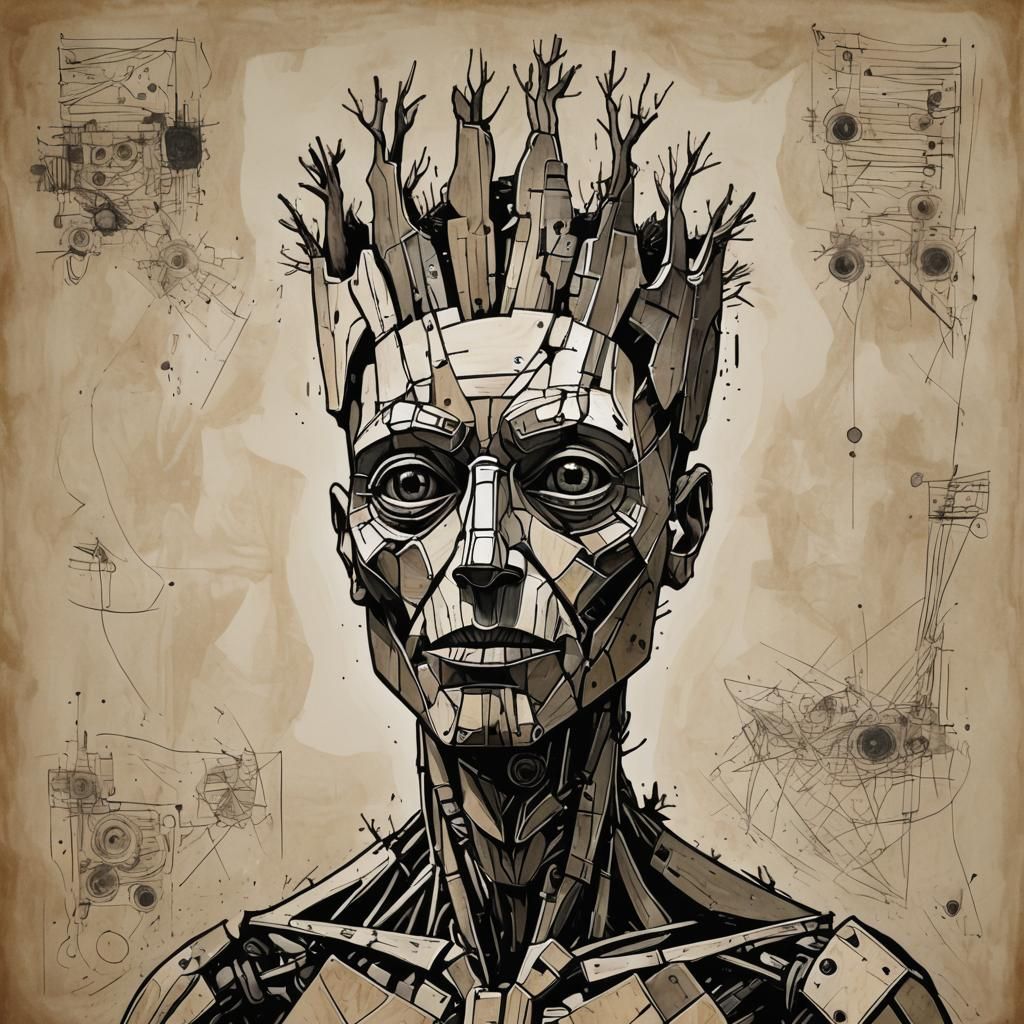 Groot Android by Picasso: Sci-Fi Ink Painting