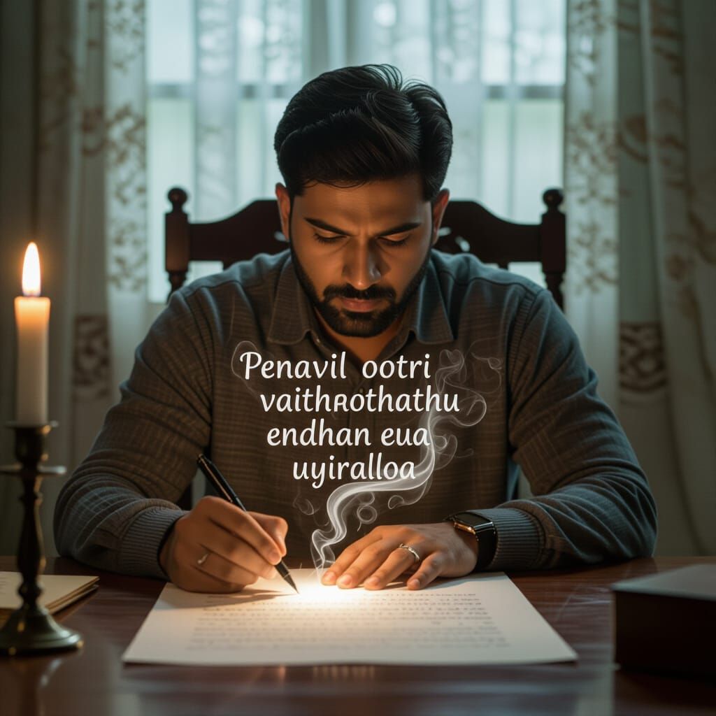 South Asian Man Writes by Candlelight, Glowing Ink