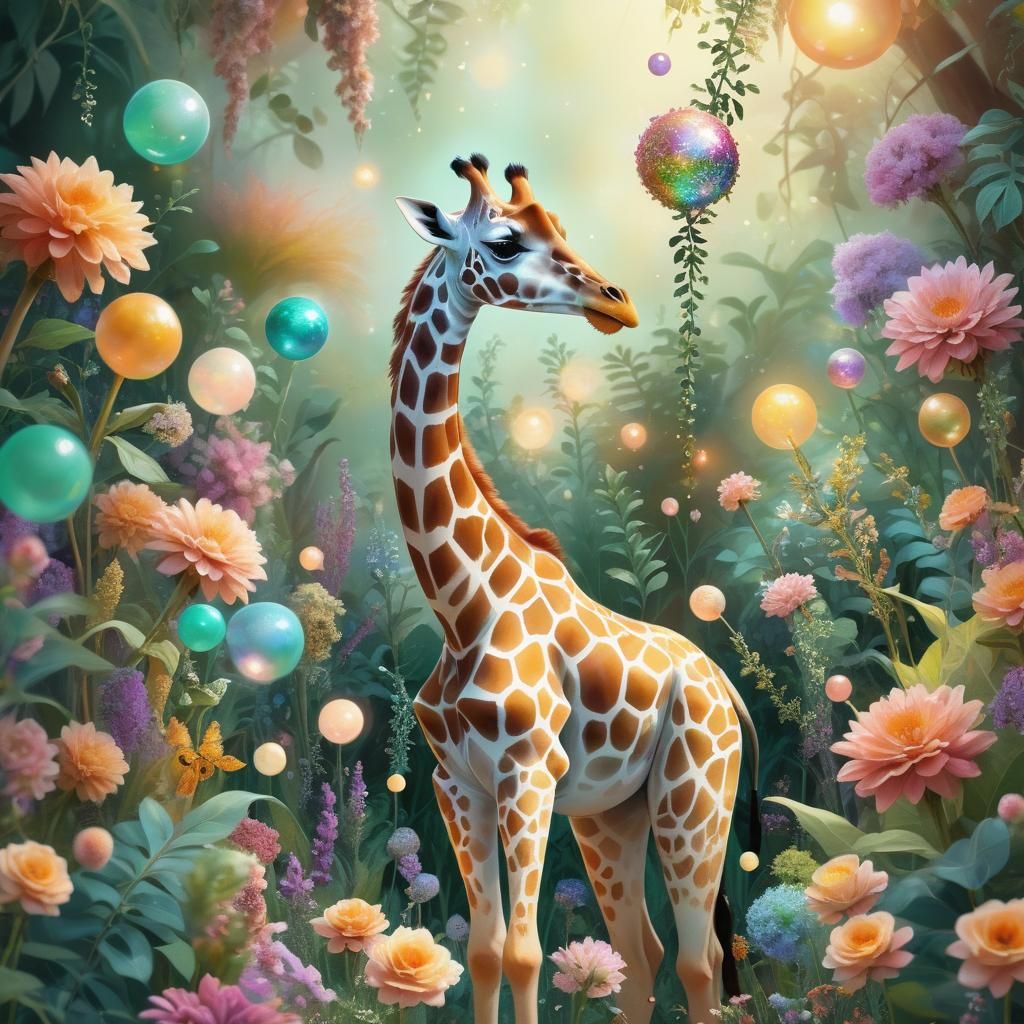Fantastical Garden Giraffe Gathers Glowing Orbs