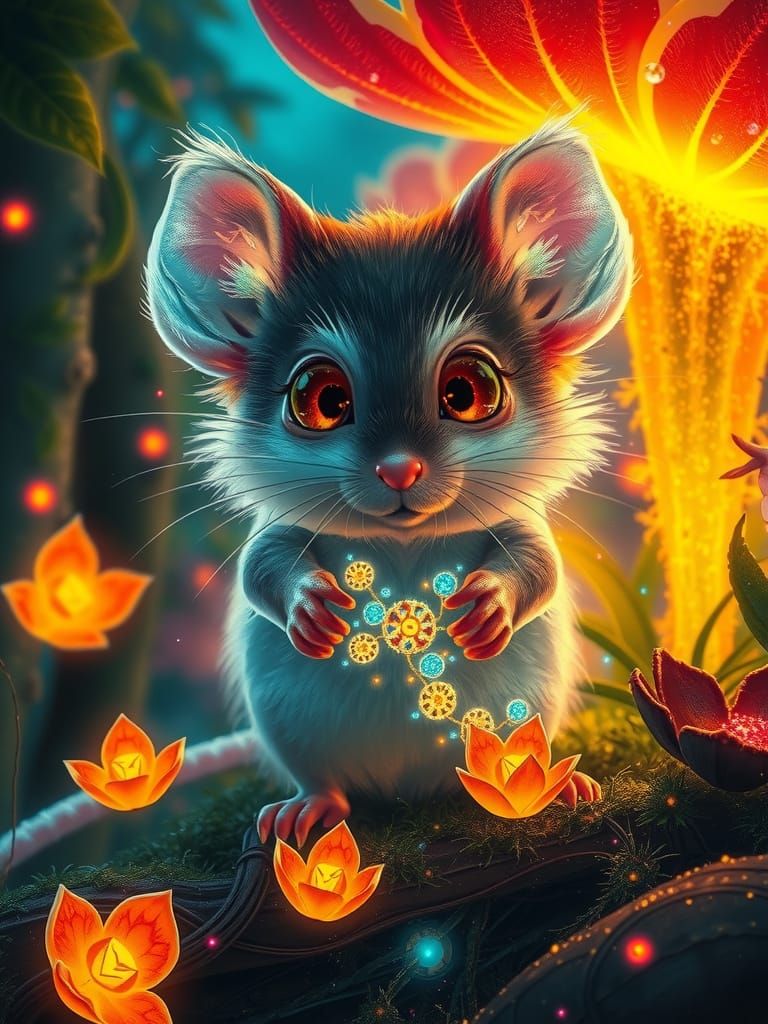 Mystical Fluffy Mouse in Enchanted Glowing Forest