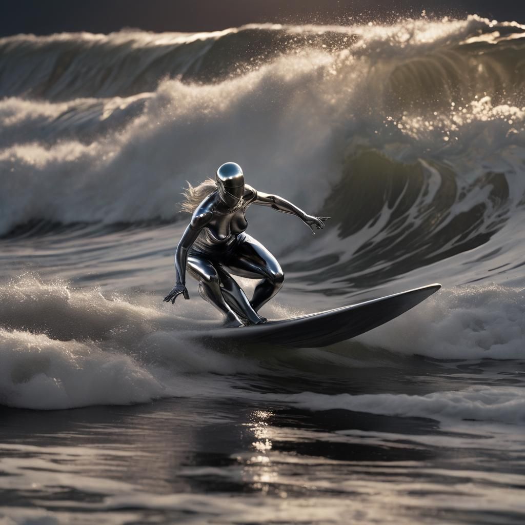 Chrome Female Surfer Rides Wave at Night