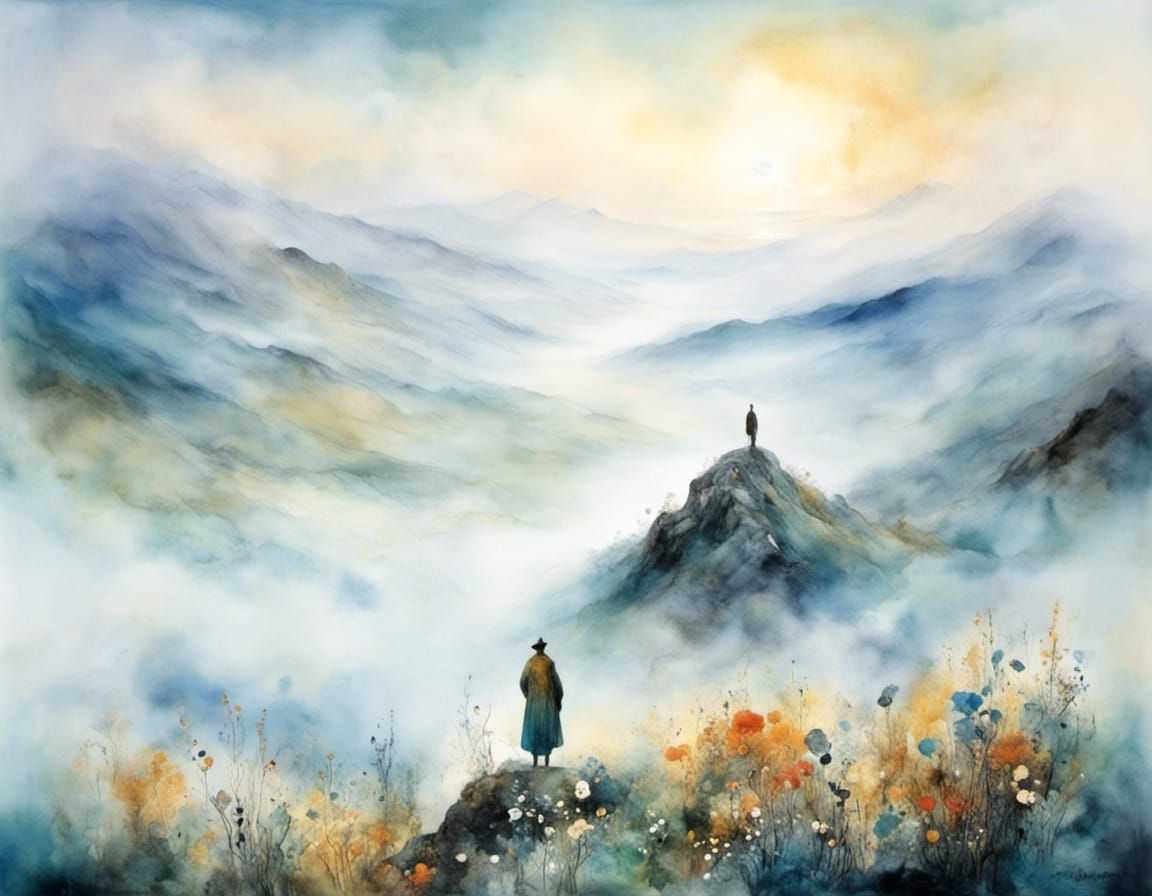 Wanderer Above Misty Lake, Watercolor Floral Style