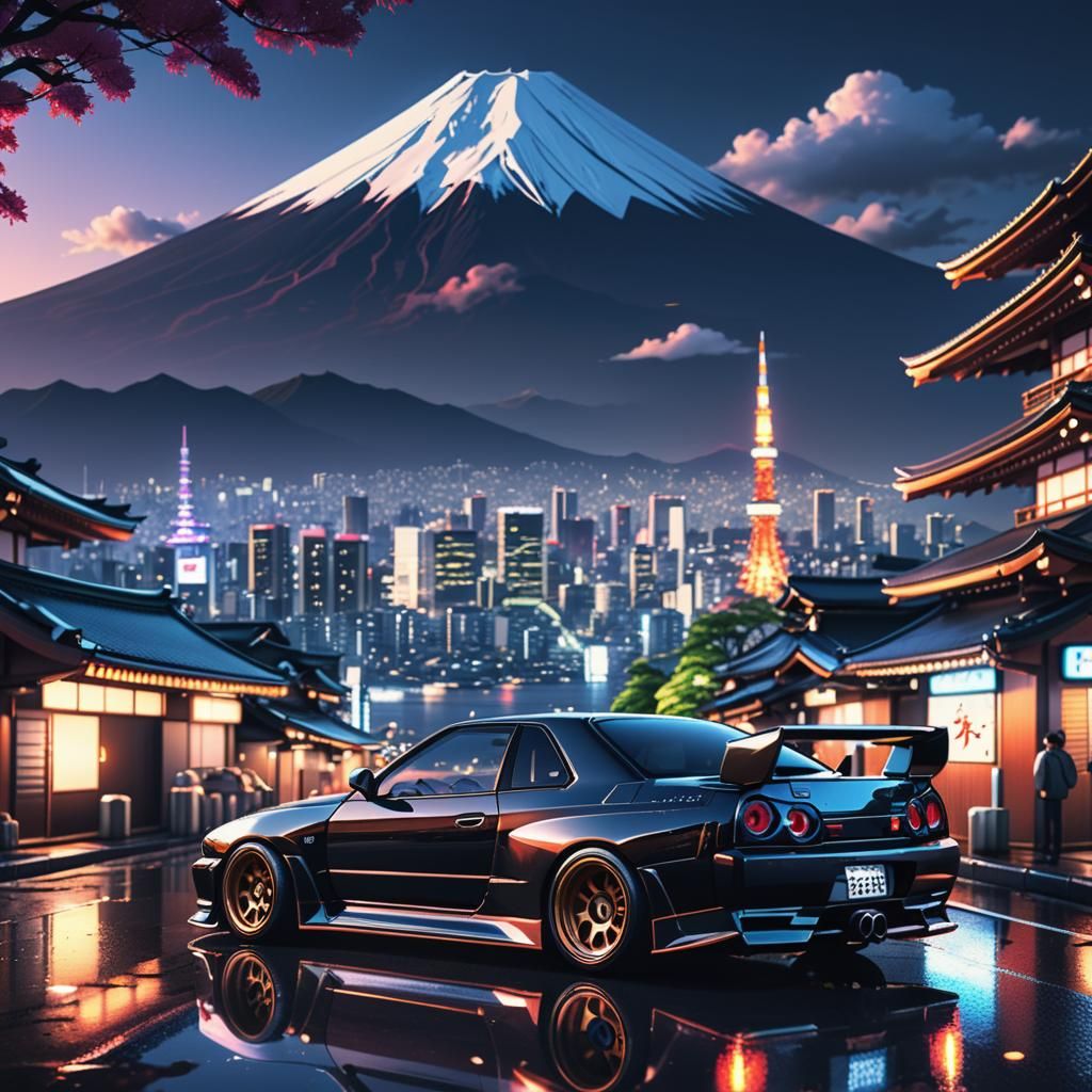 Tokyo Skyline with R32 GTR in Anime Style