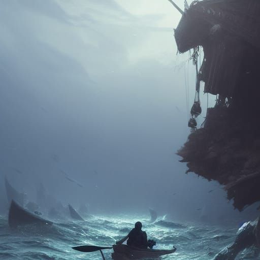Crocodile Spying on Fishermen: Dark Fantasy Concept Art