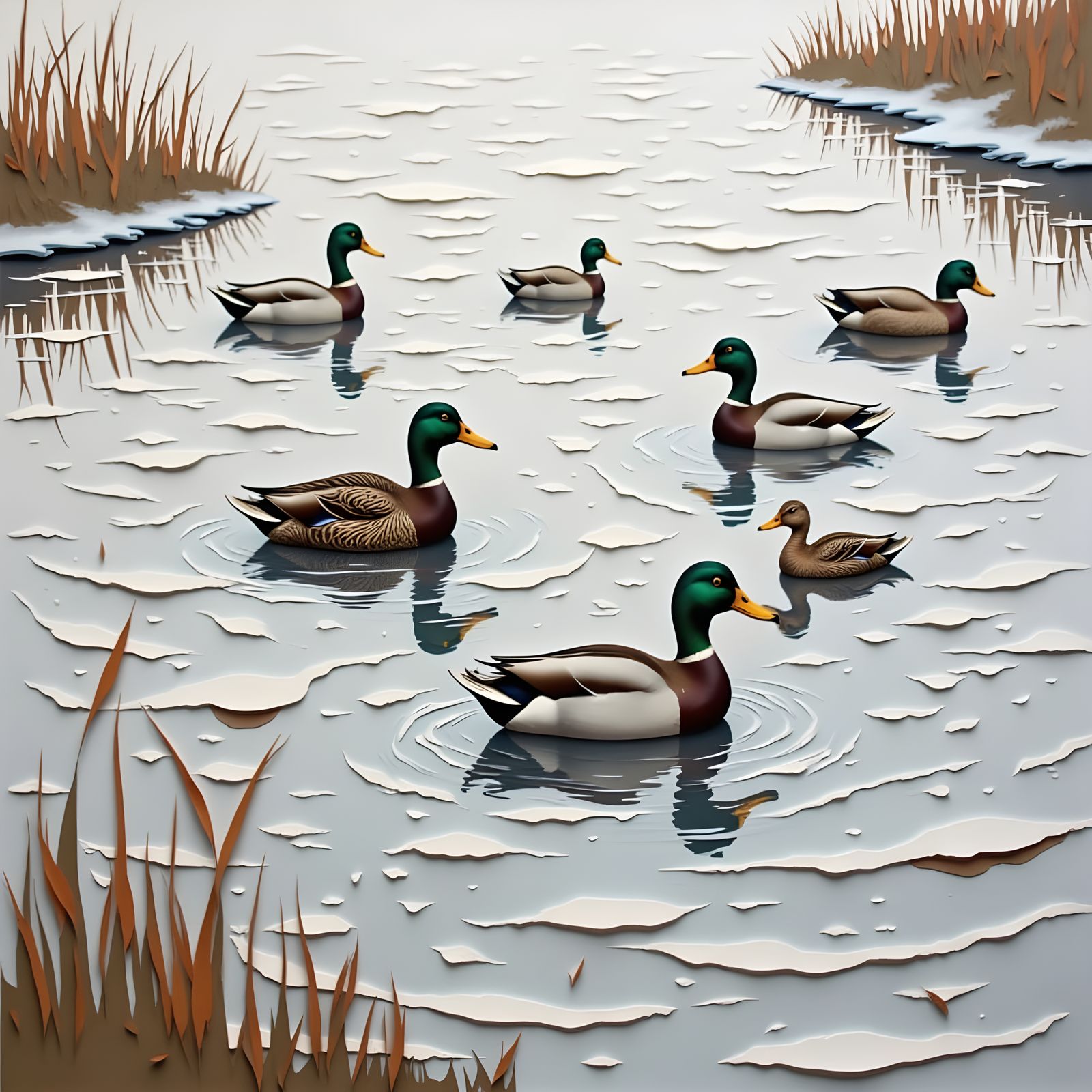 Whimsical Papercut Scene of Ducks in a Tranquil Pond
